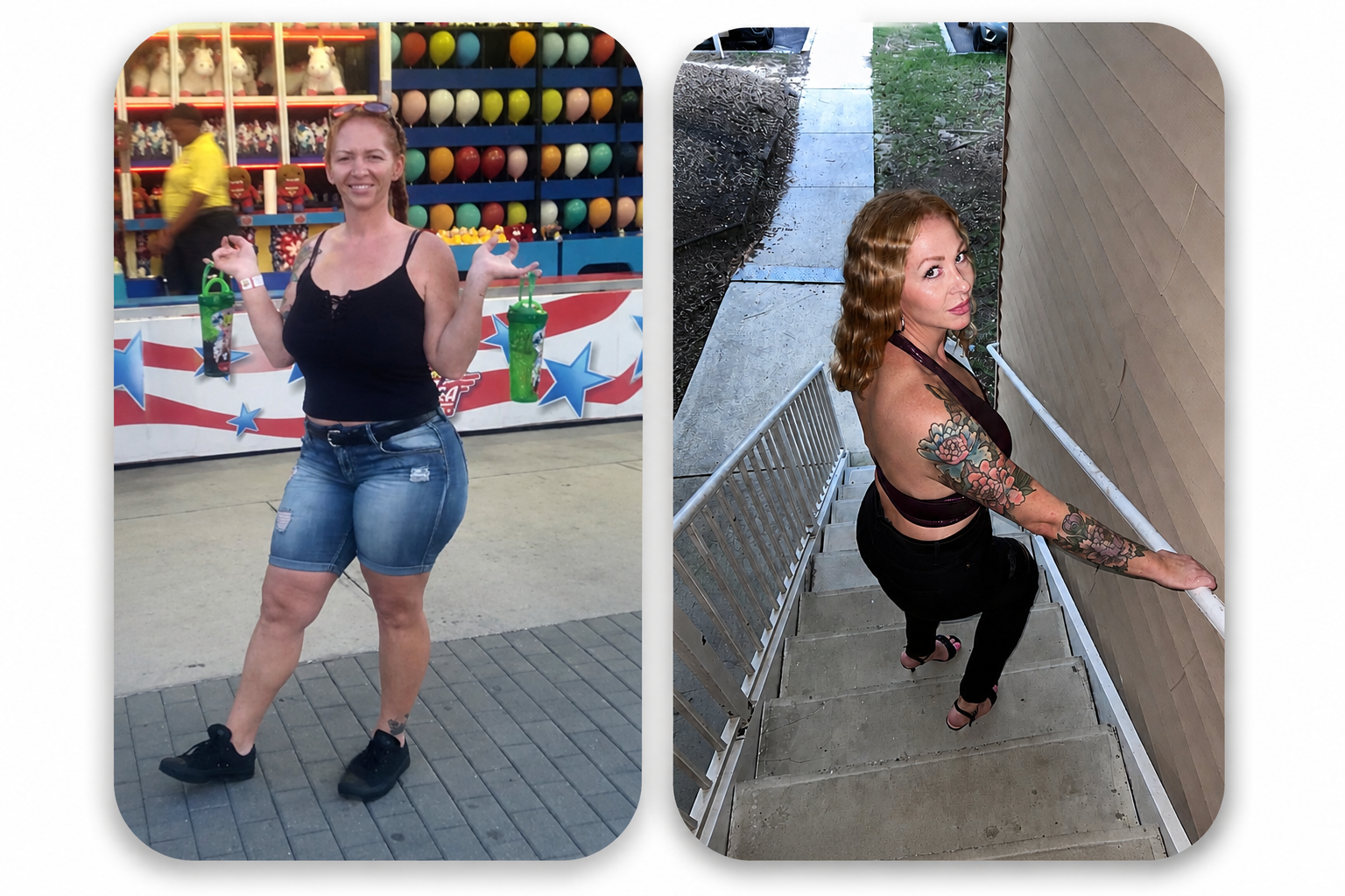 Charity transformation: side-by-side before and after — casual fair photo next to a confident styled photo on outdoor stairs