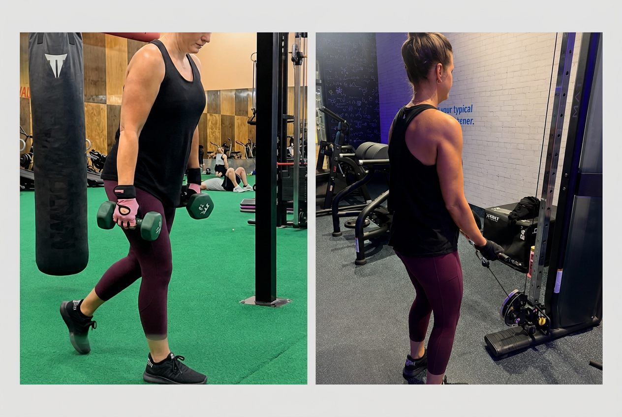 Client transformation: side-by-side before and after gym photos from March 14 to March 21 showing stronger, more confident, and more consistent results